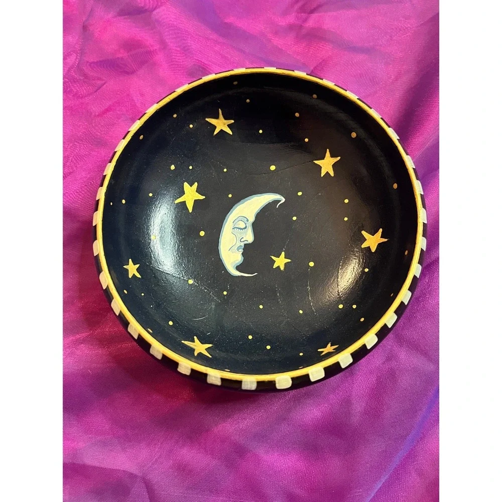 Celestial wooden Bowl Moon Stars Checkered Rim Folk Art 6.5